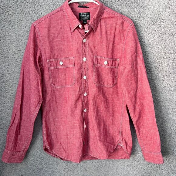 J Crew Shirt Mens S Red Chambray Linen Blend Workshirt‎ Loop Collar Chin Strap - Picture 1 of 11